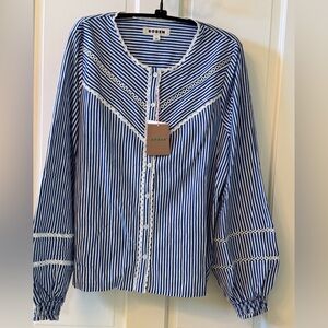 Boden Blue and White Striped Top with Lace Detail